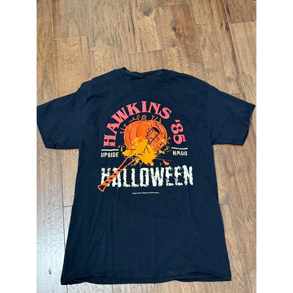 Stranger Things Hawkins 85 Halloween Pumpkin Spiked Bat Graphic Tee Black Mens